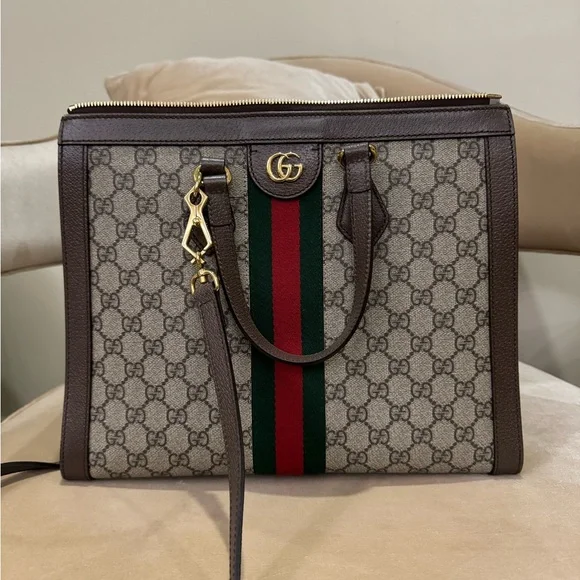 Gucci OPHIDIA LARGE TOTE BAG Brown and Green Women's Bag - Picture 1 of 14